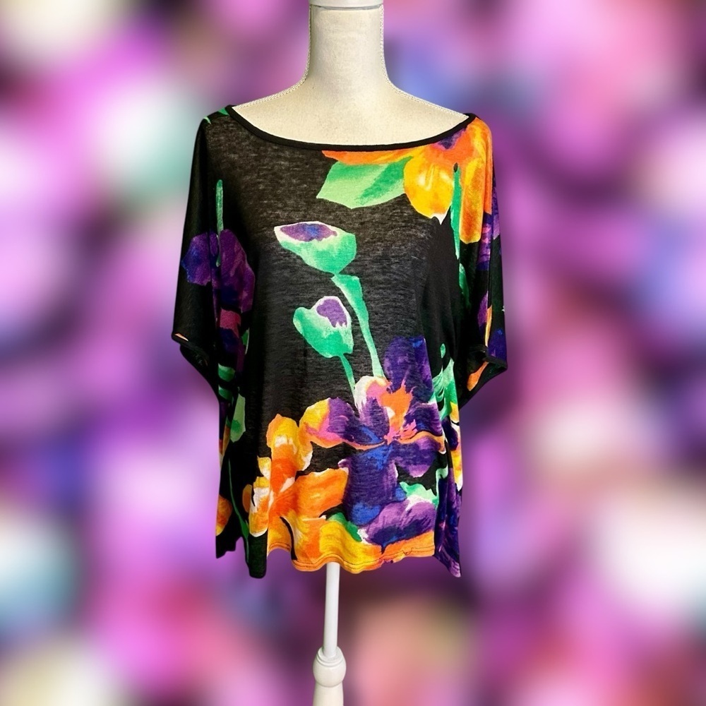 Lauren Ralph Lauren Black & Vibrant Floral Print Linen Batwing Sleeve Top Size L